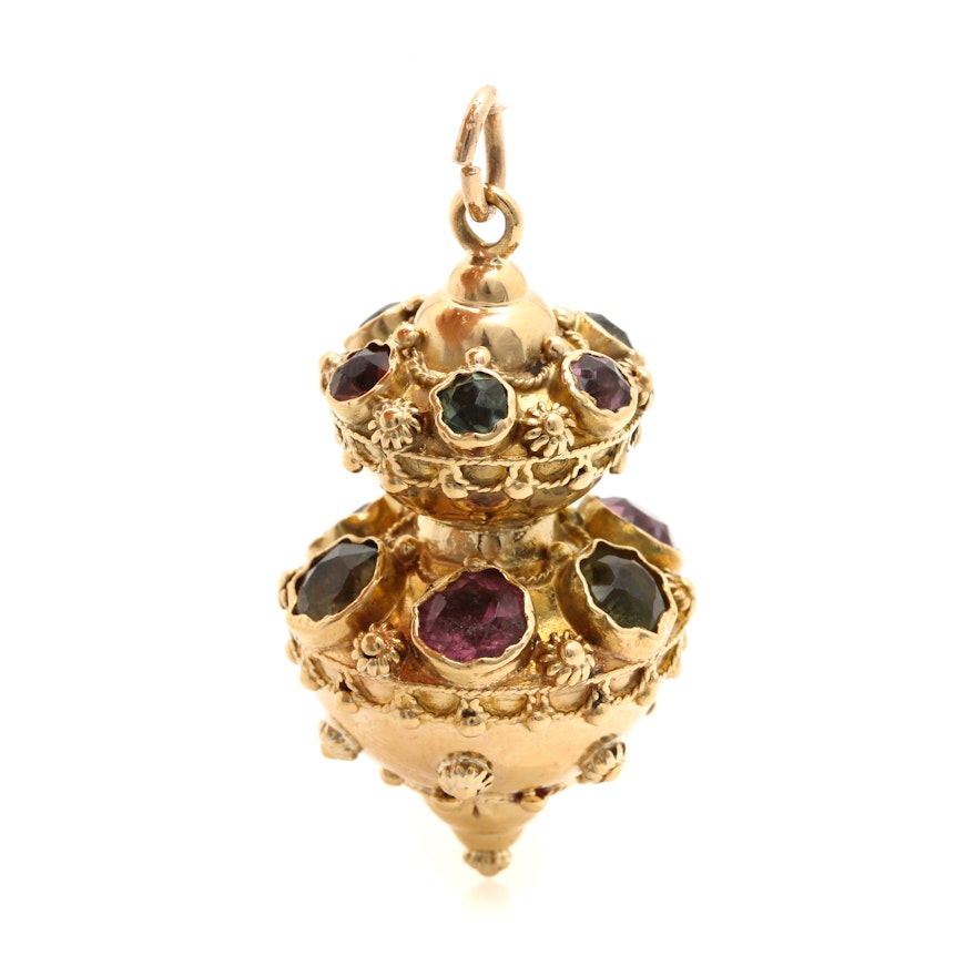 14K Yellow Gold Pink and Green Tourmaline Pendant