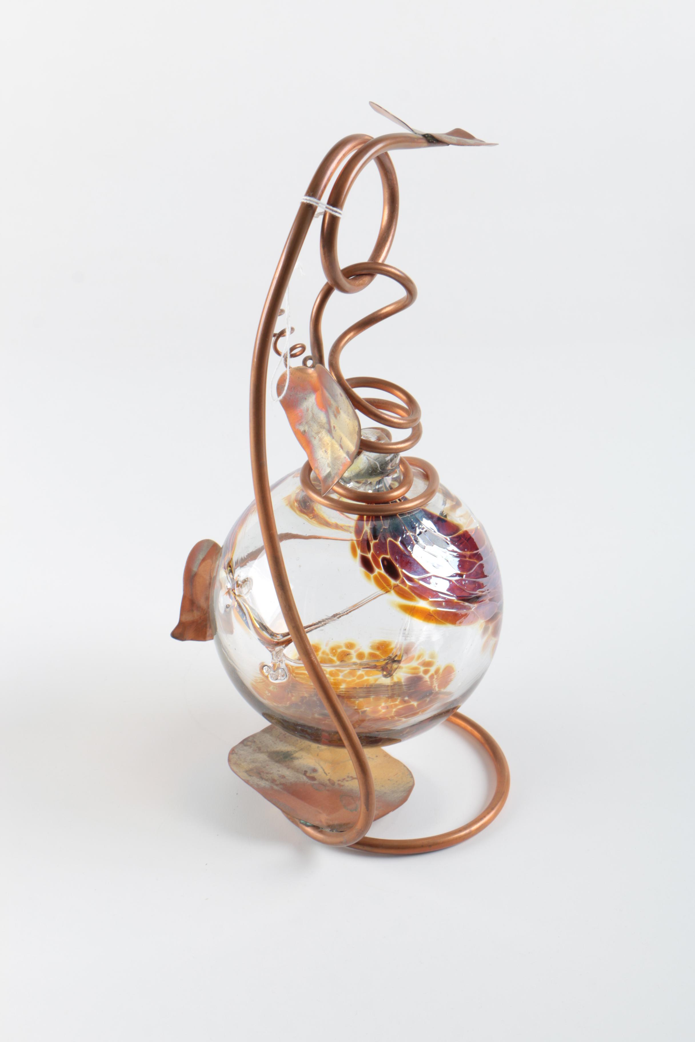 Hand Blown Glass Ball and Copper Stand