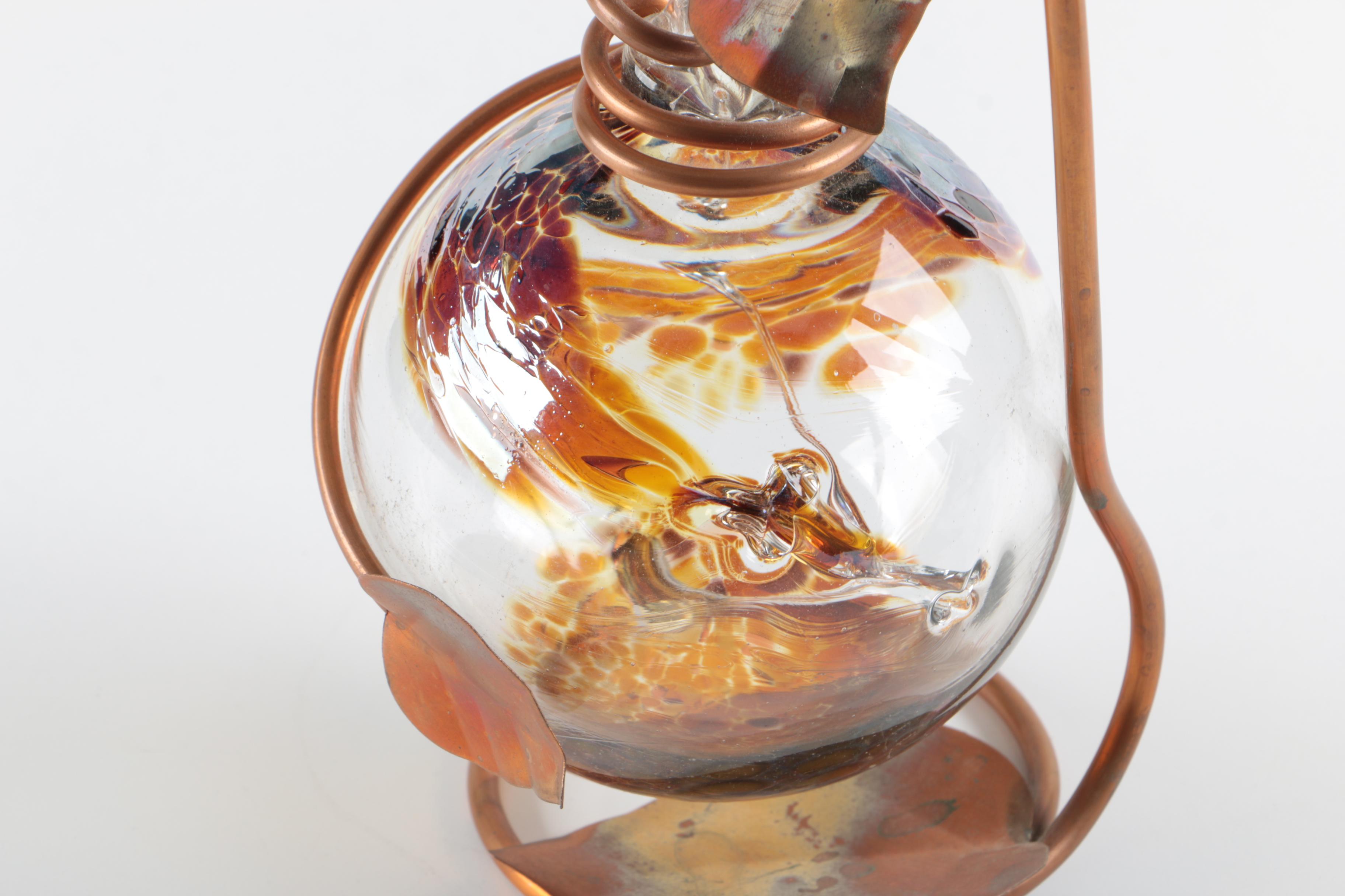 Hand Blown Glass Ball and Copper Stand