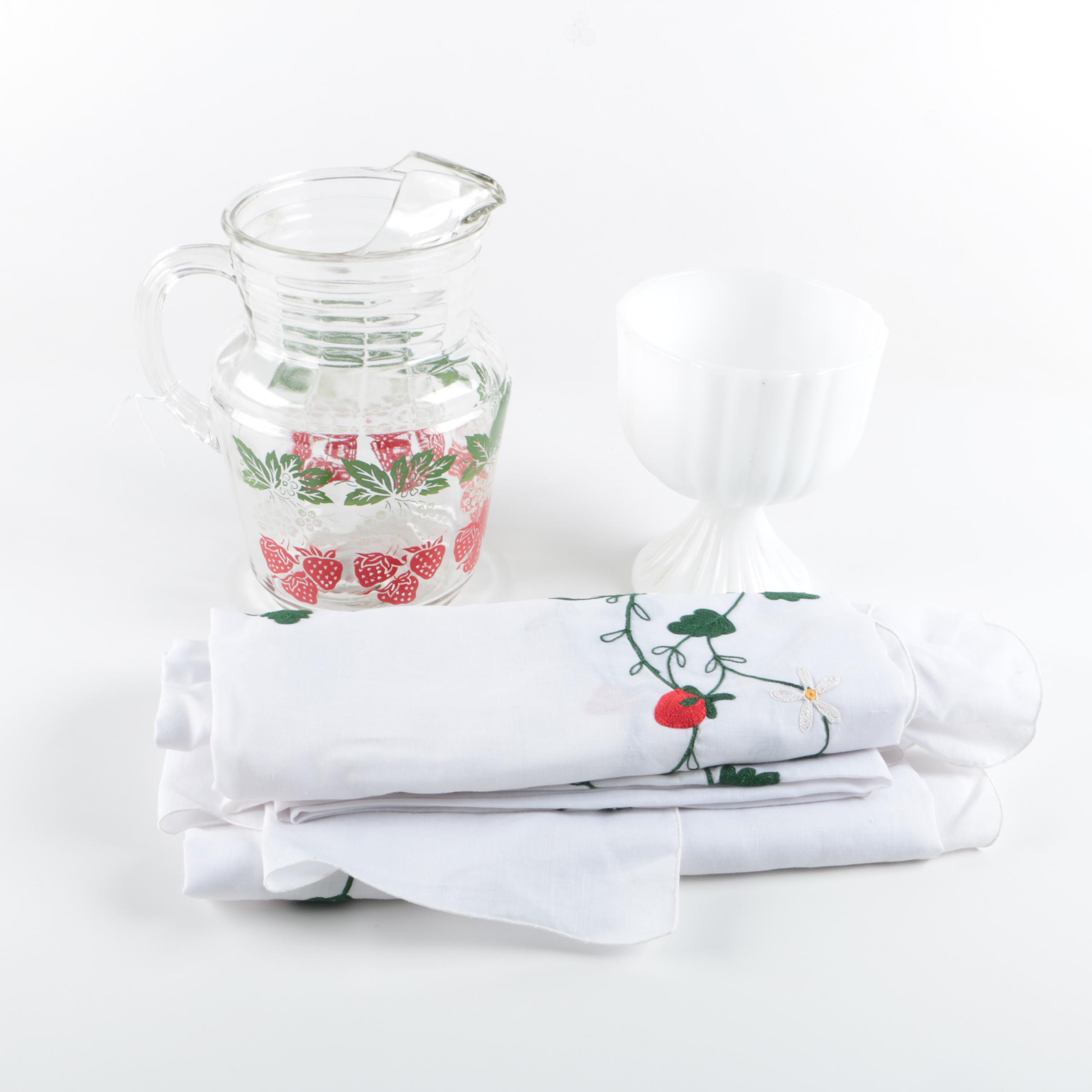 Red and Green Strawberry Stenciled Glass Pitcher