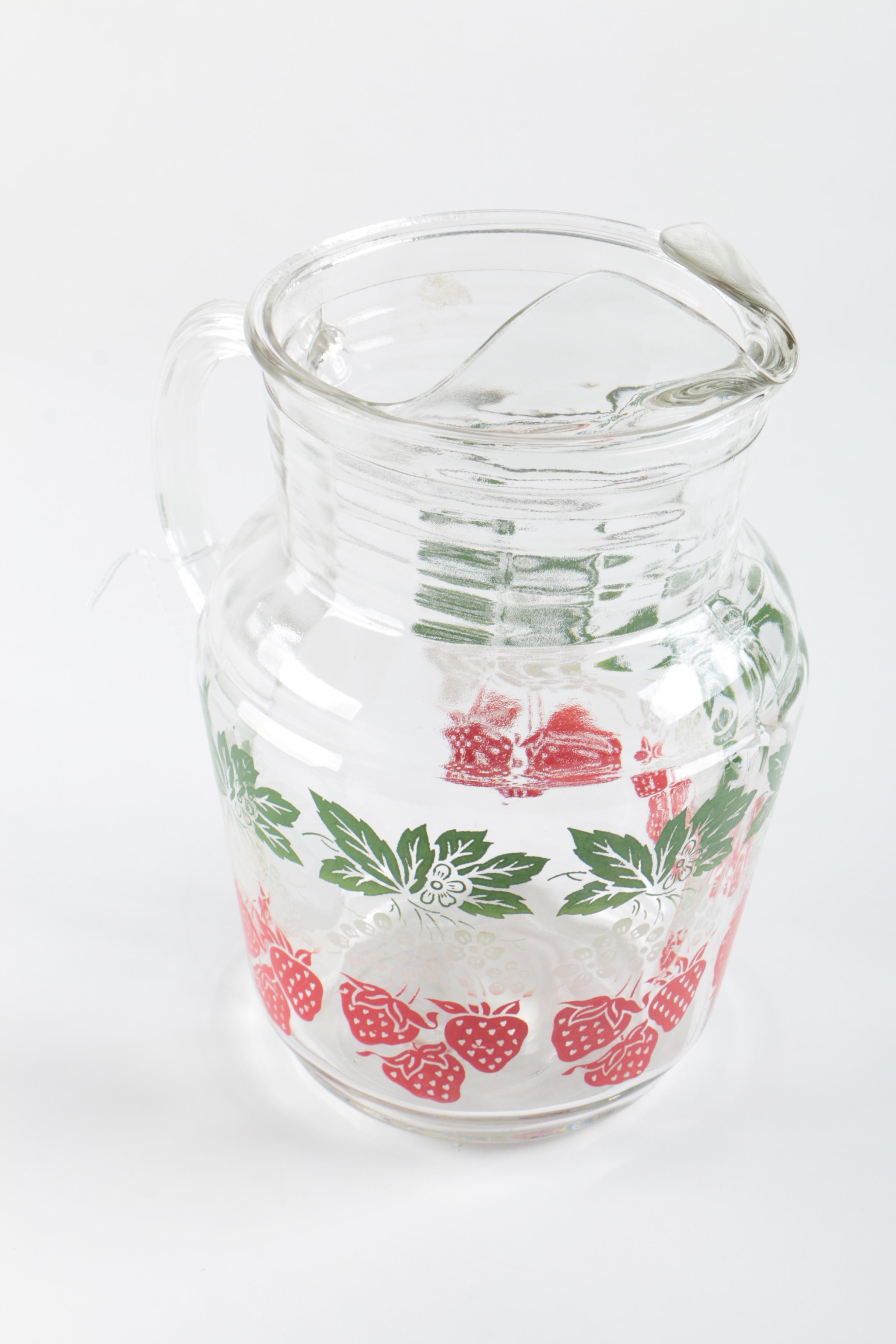 Red and Green Strawberry Stenciled Glass Pitcher