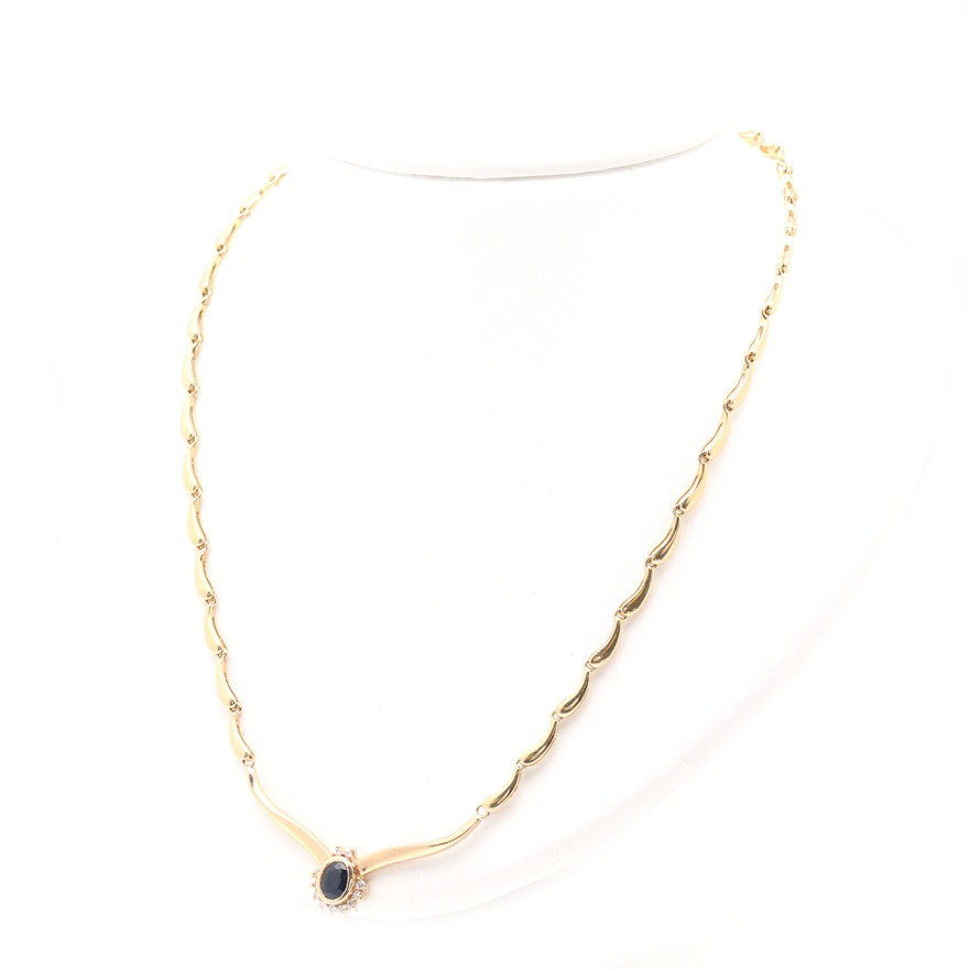 14K Yellow Gold Sapphire and Diamond Pendant Link Necklace