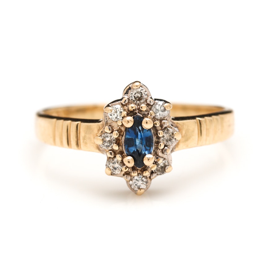 14K Yellow Gold Sapphire and Diamond Halo Ring