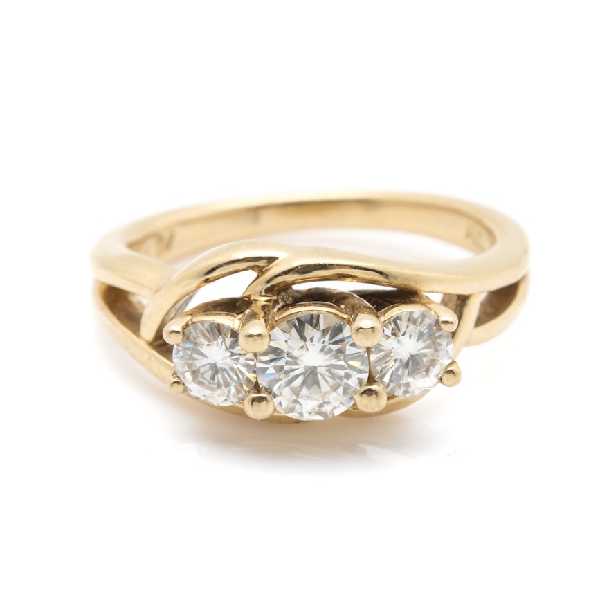 14K Yellow Gold Moissanite Three Stone Ring