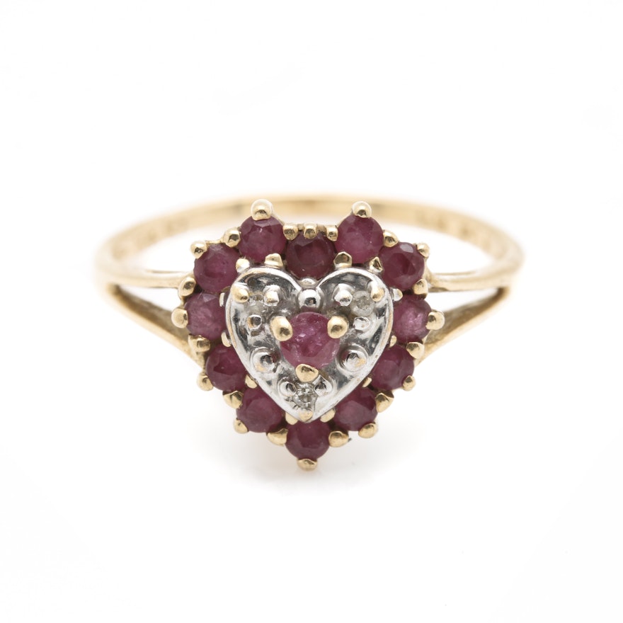 10K Yellow Gold Ruby and Diamond Heart Ring