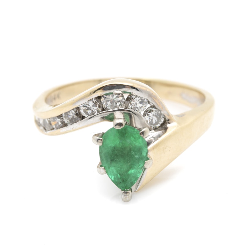 14K Yellow Gold Emerald and Diamond Ring