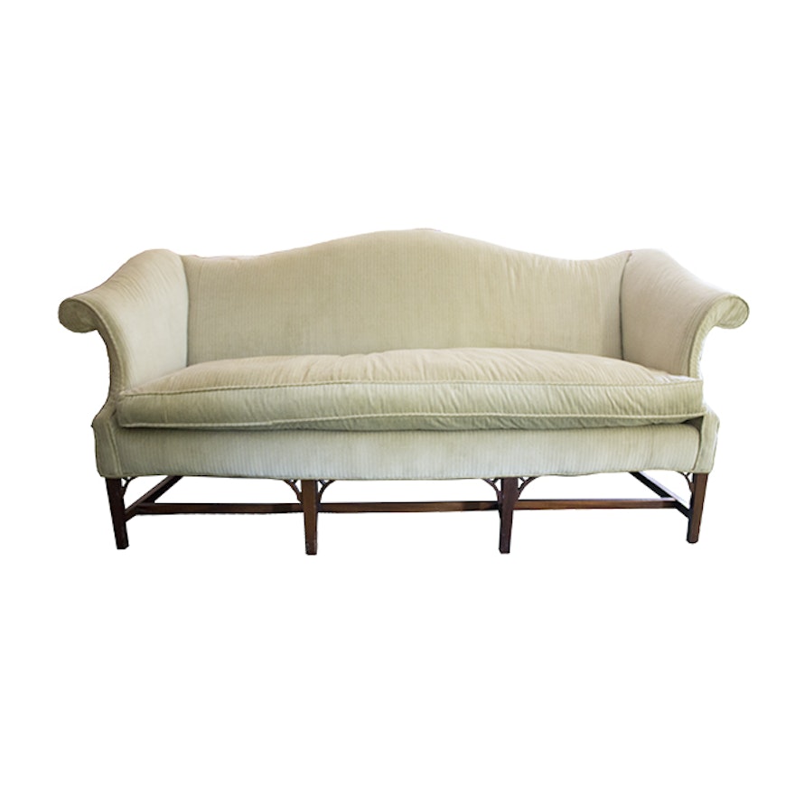 Vintage Camel Back Sofa With Pale Sage Chenille Upholstery