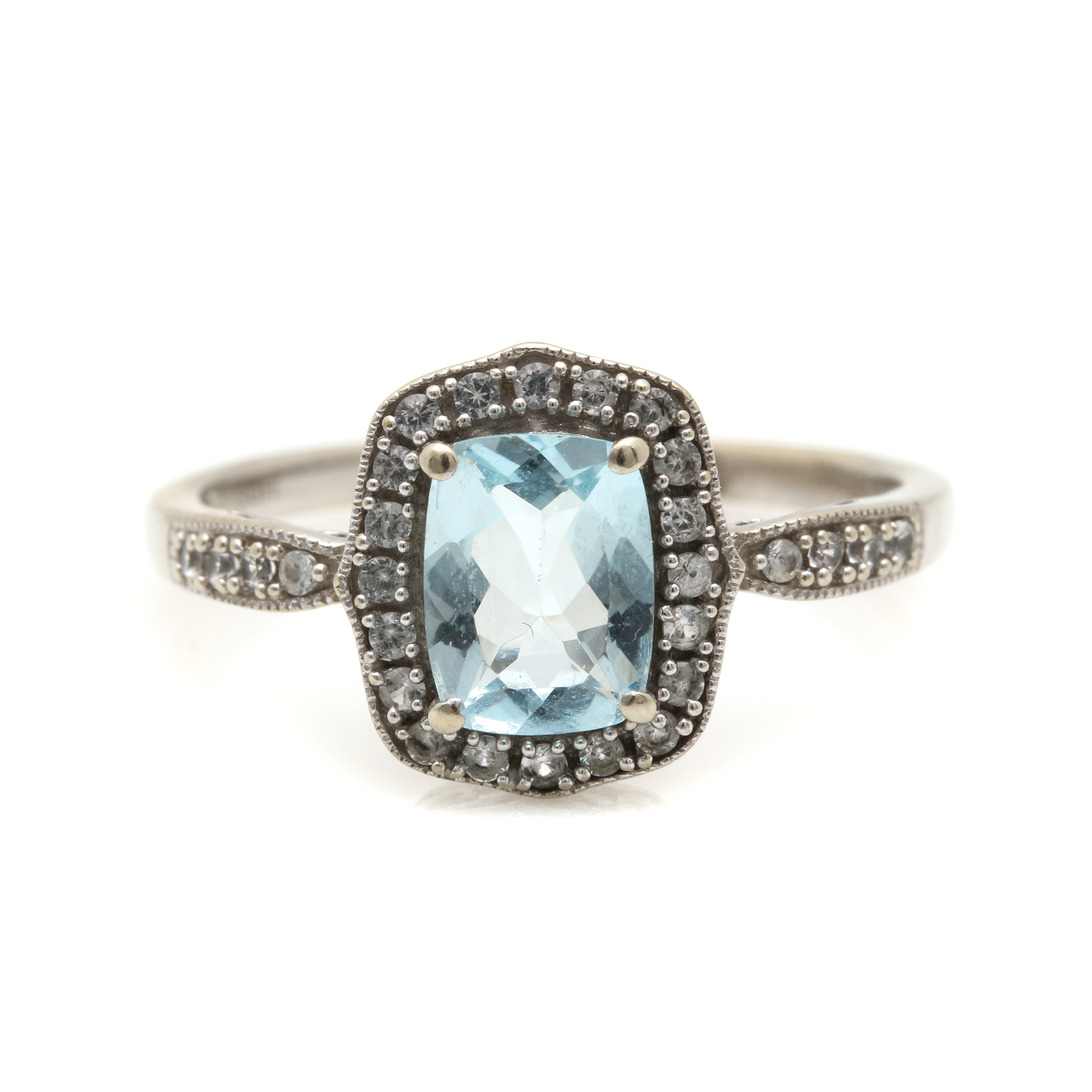 14K White Gold 1.06 CT Aquamarine and White Sapphire Ring