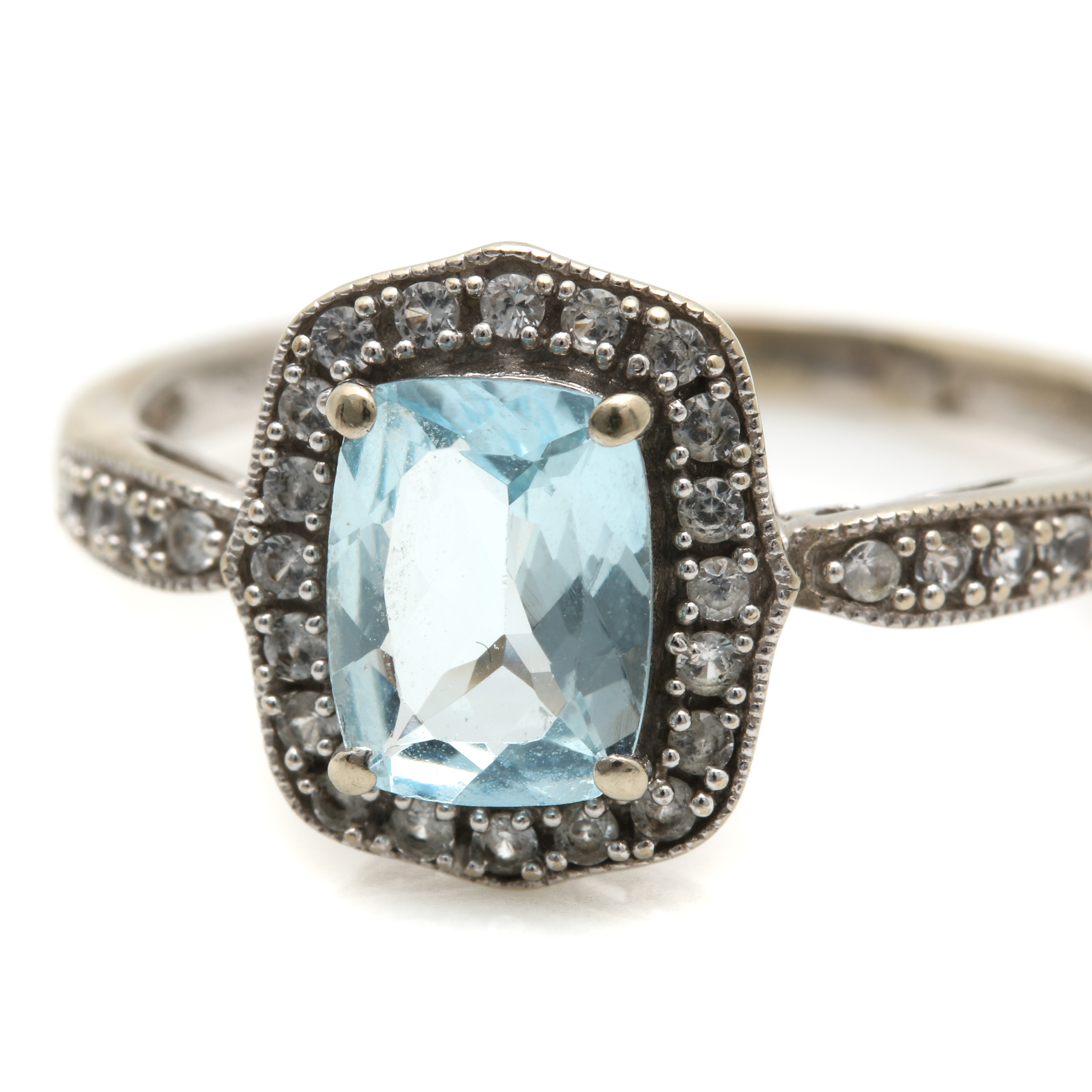 14K White Gold 1.06 CT Aquamarine and White Sapphire Ring