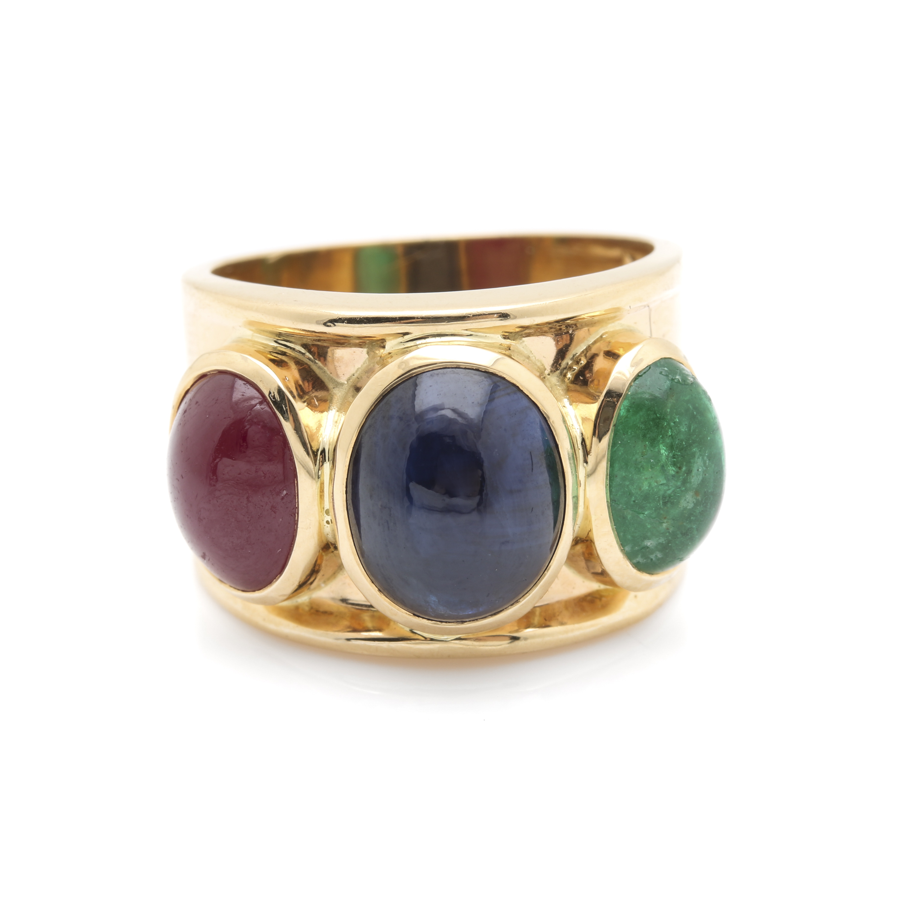 14K Yellow Gold 9.16 CT Sapphire, Ruby, and Emerald Ring