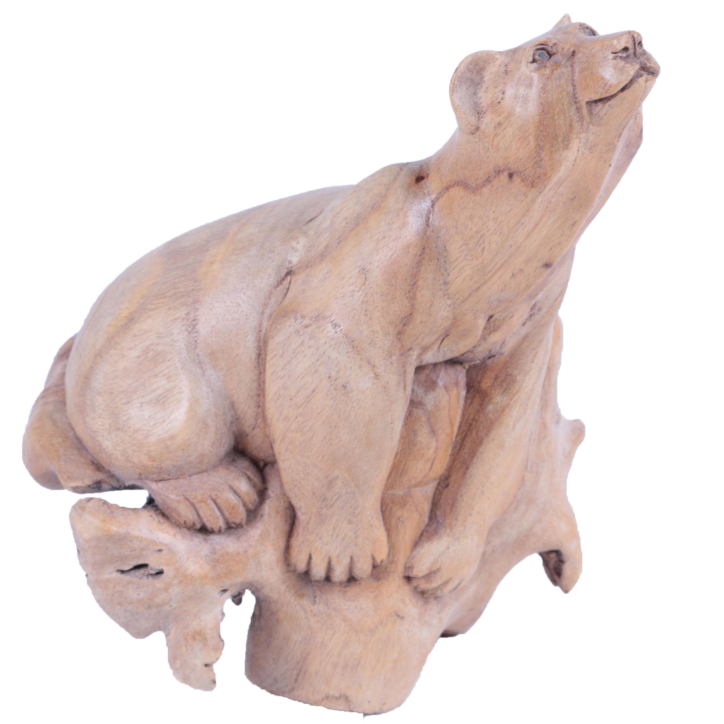Artisan Carved Burl Wood Bear Figure