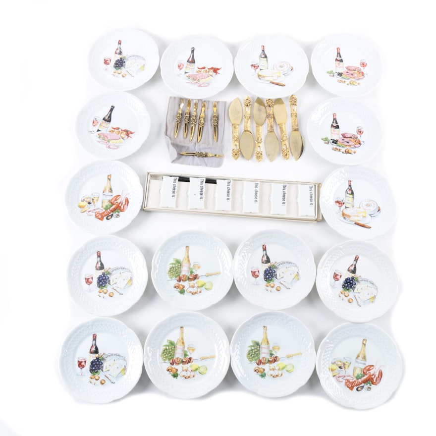 Louis Lourioux "Wine and Cheese" Canape Plates with Shafford Co. Cheese Markers