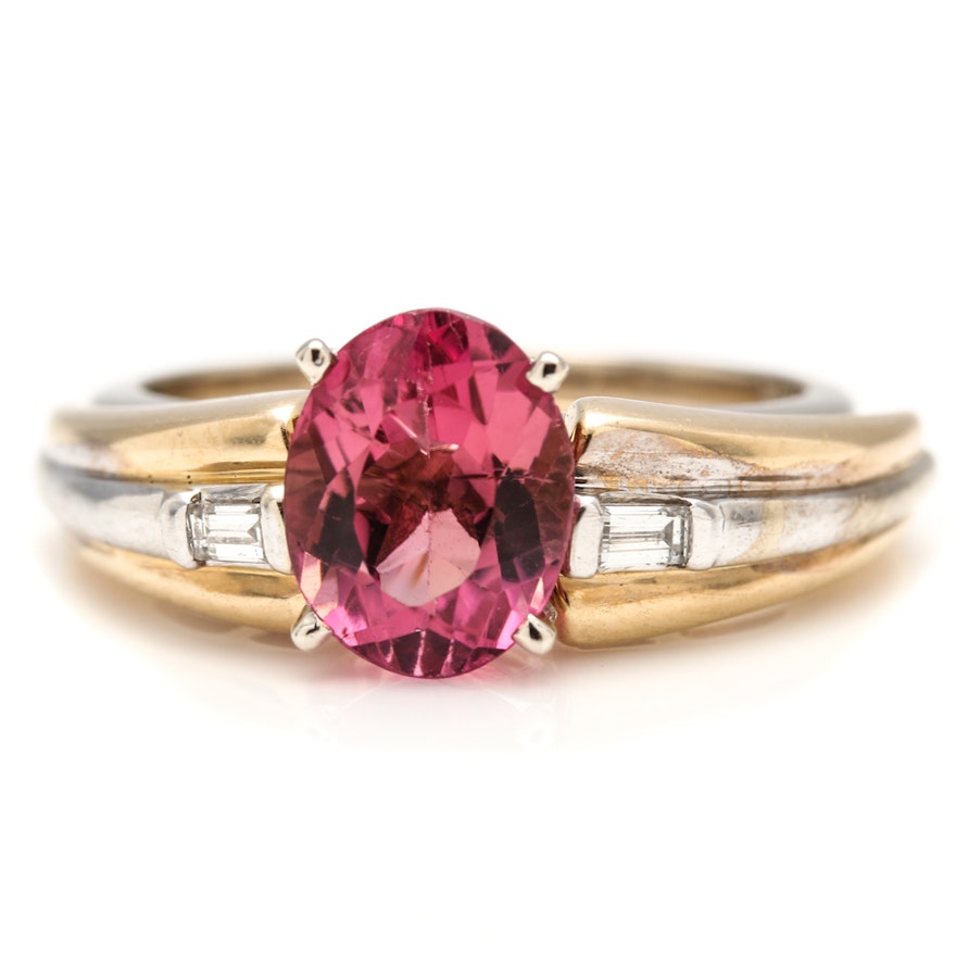 14K White and Yellow Gold Pink Tourmaline and Diamond Rings