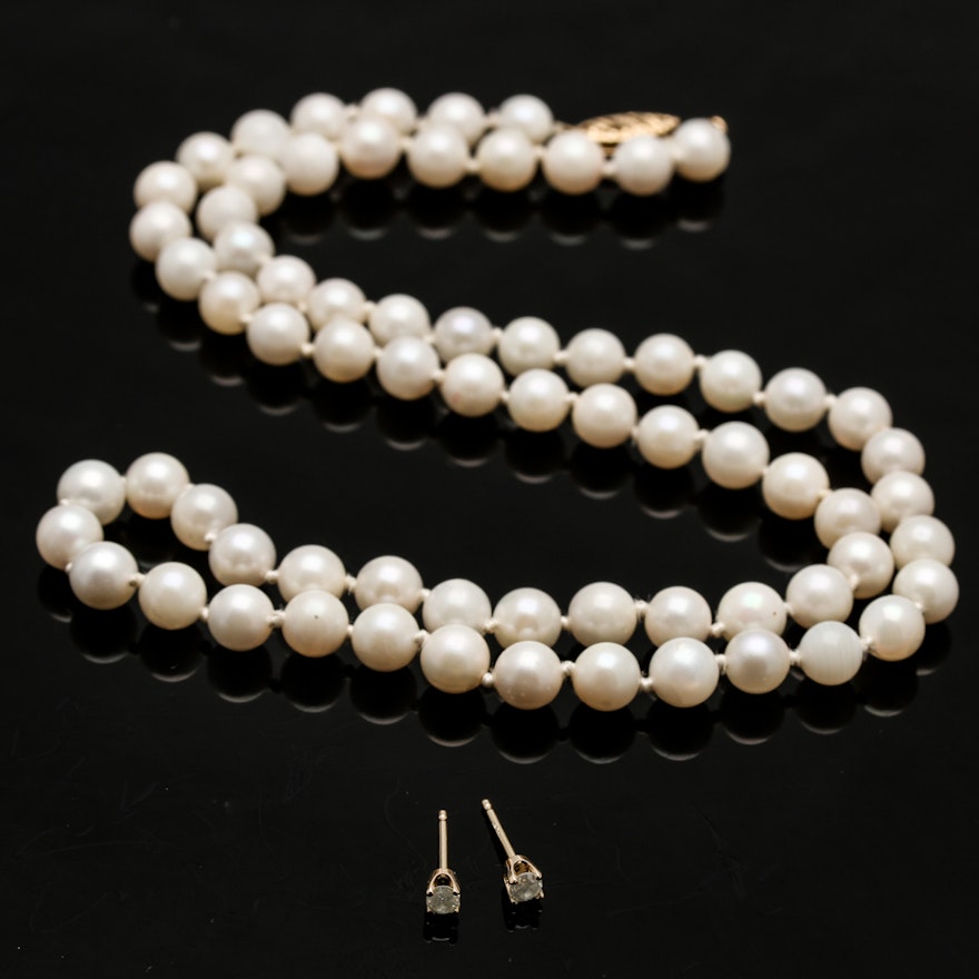 Selection of Cultured Pearl Necklace and Diamond Stud Earrings With 14K Findings