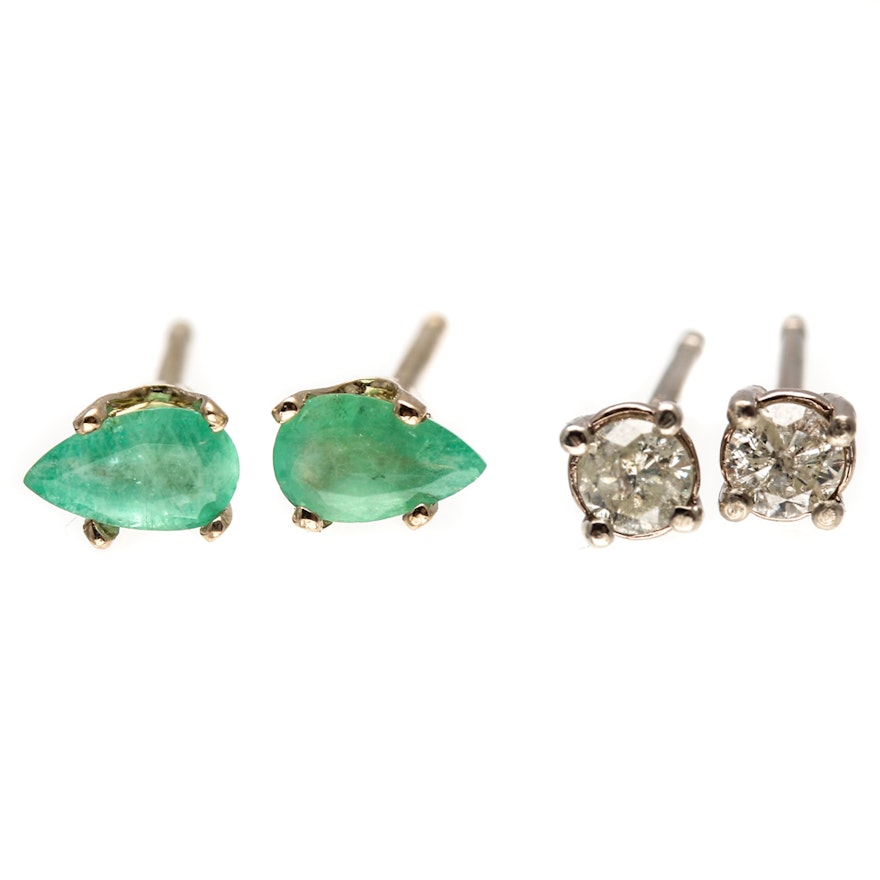 14K White and Yellow Gold Diamond and Emerald Earrings