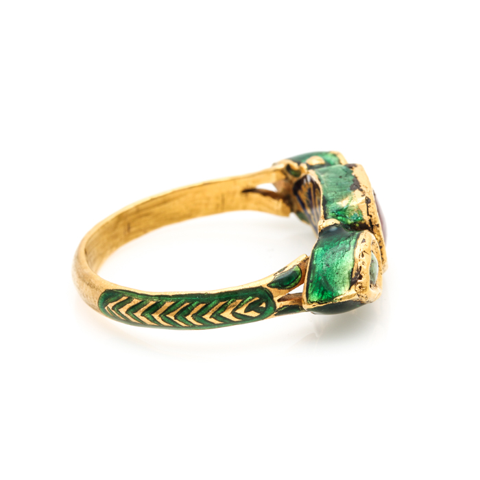 14K Yellow Gold Ruby, Turquoise and Enamel Ring