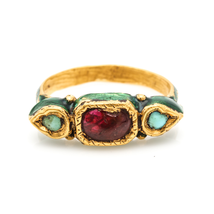 14K Yellow Gold Ruby, Turquoise and Enamel Ring