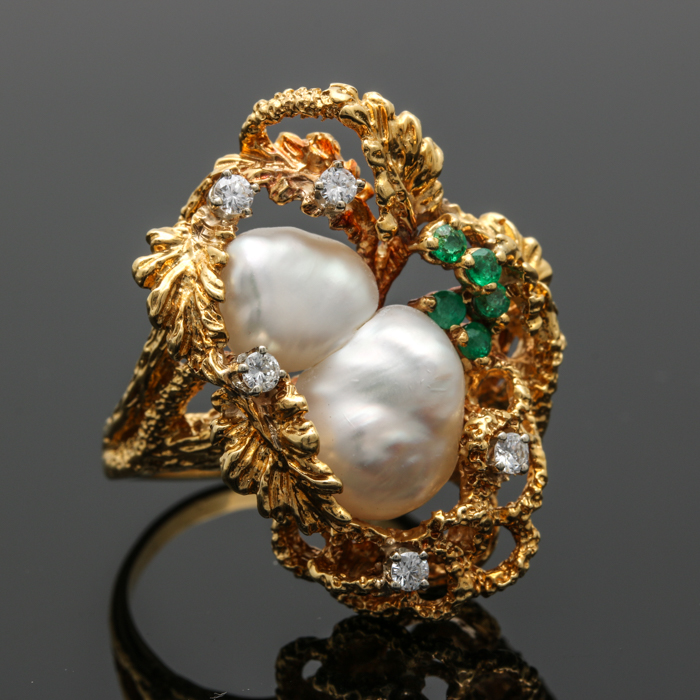 18K Yellow Gold Cultured Pearl and Gemstone Ring