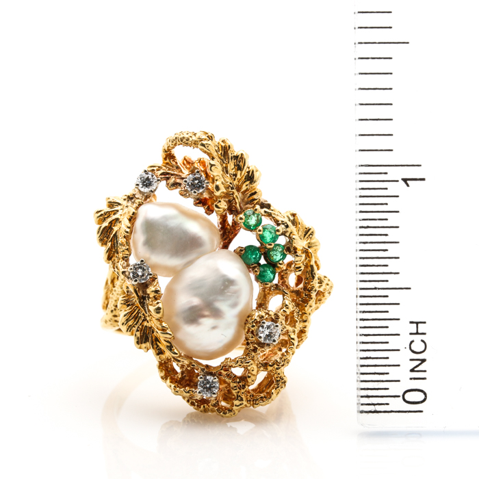 18K Yellow Gold Cultured Pearl and Gemstone Ring