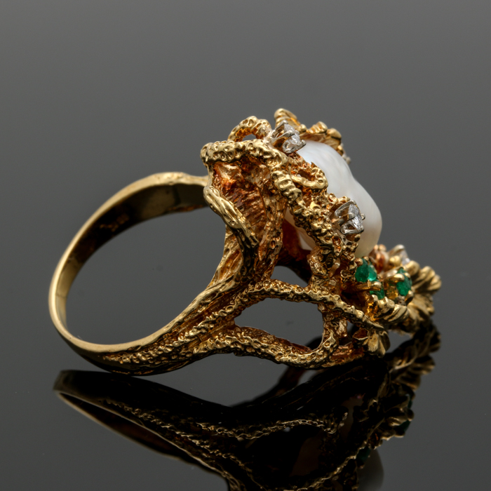 18K Yellow Gold Cultured Pearl and Gemstone Ring