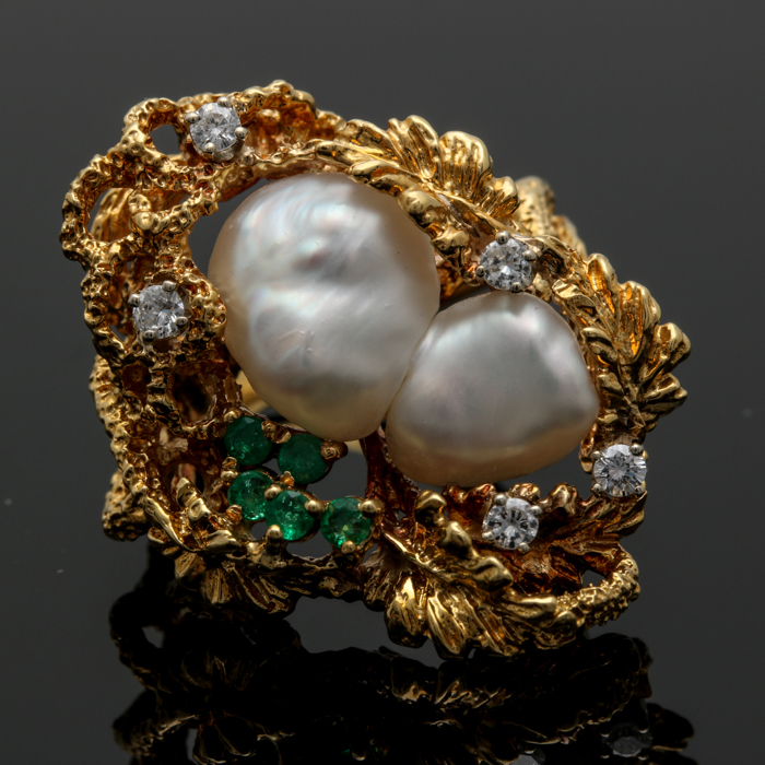 18K Yellow Gold Cultured Pearl and Gemstone Ring
