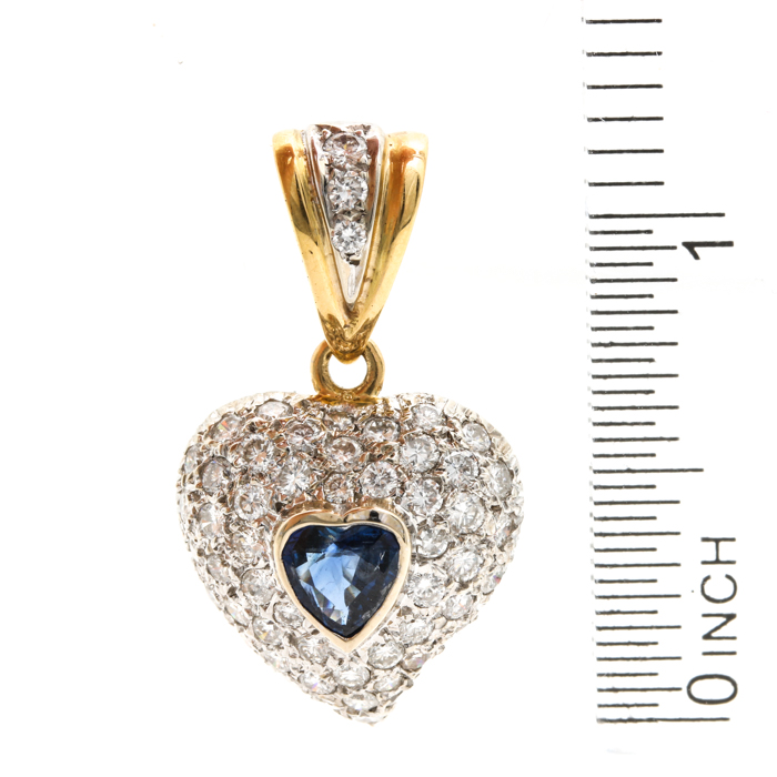 18K Yellow Gold Blue Sapphire and 1.25 CTW Diamond Heart Pendant