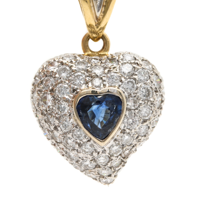 18K Yellow Gold Blue Sapphire and 1.25 CTW Diamond Heart Pendant
