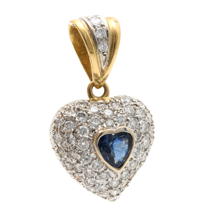18K Yellow Gold Blue Sapphire and 1.25 CTW Diamond Heart Pendant