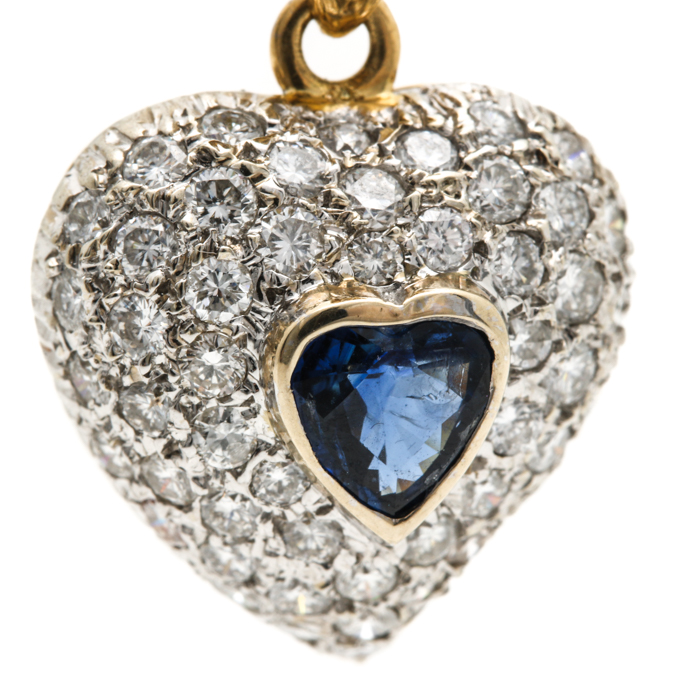 18K Yellow Gold Blue Sapphire and 1.25 CTW Diamond Heart Pendant