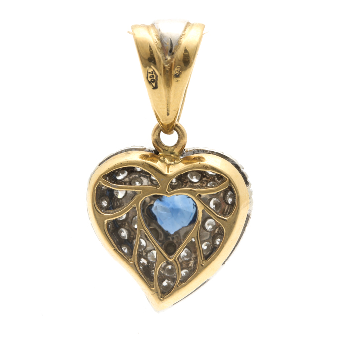 18K Yellow Gold Blue Sapphire and 1.25 CTW Diamond Heart Pendant
