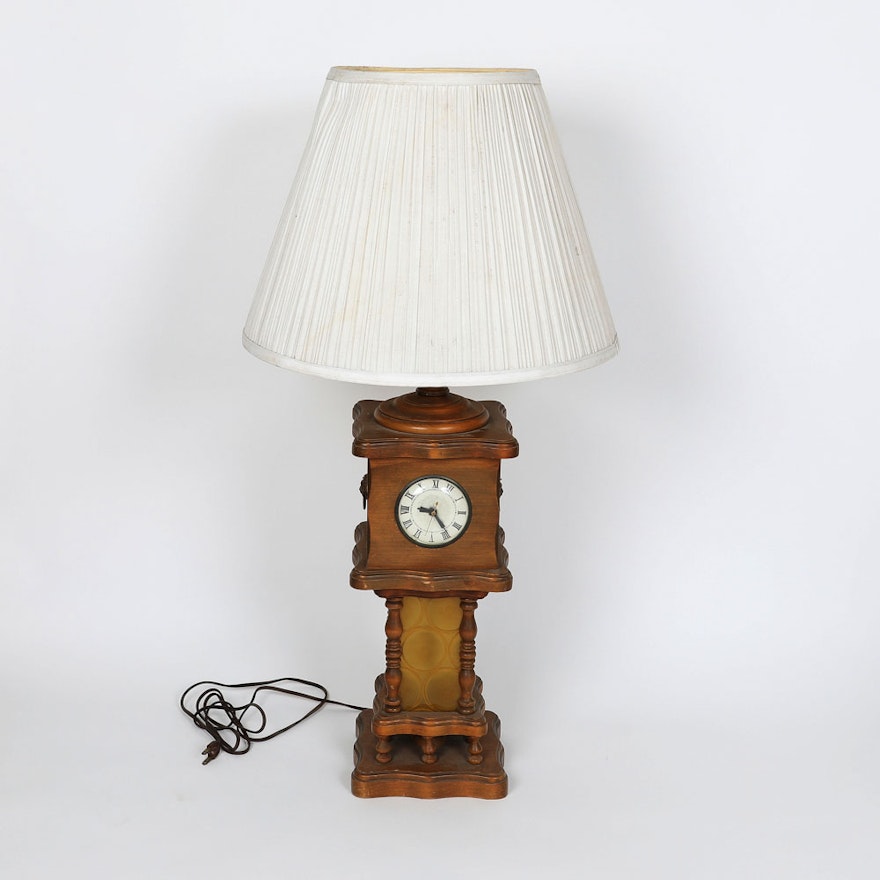 Vintage Wood Lamp with Clock Insert