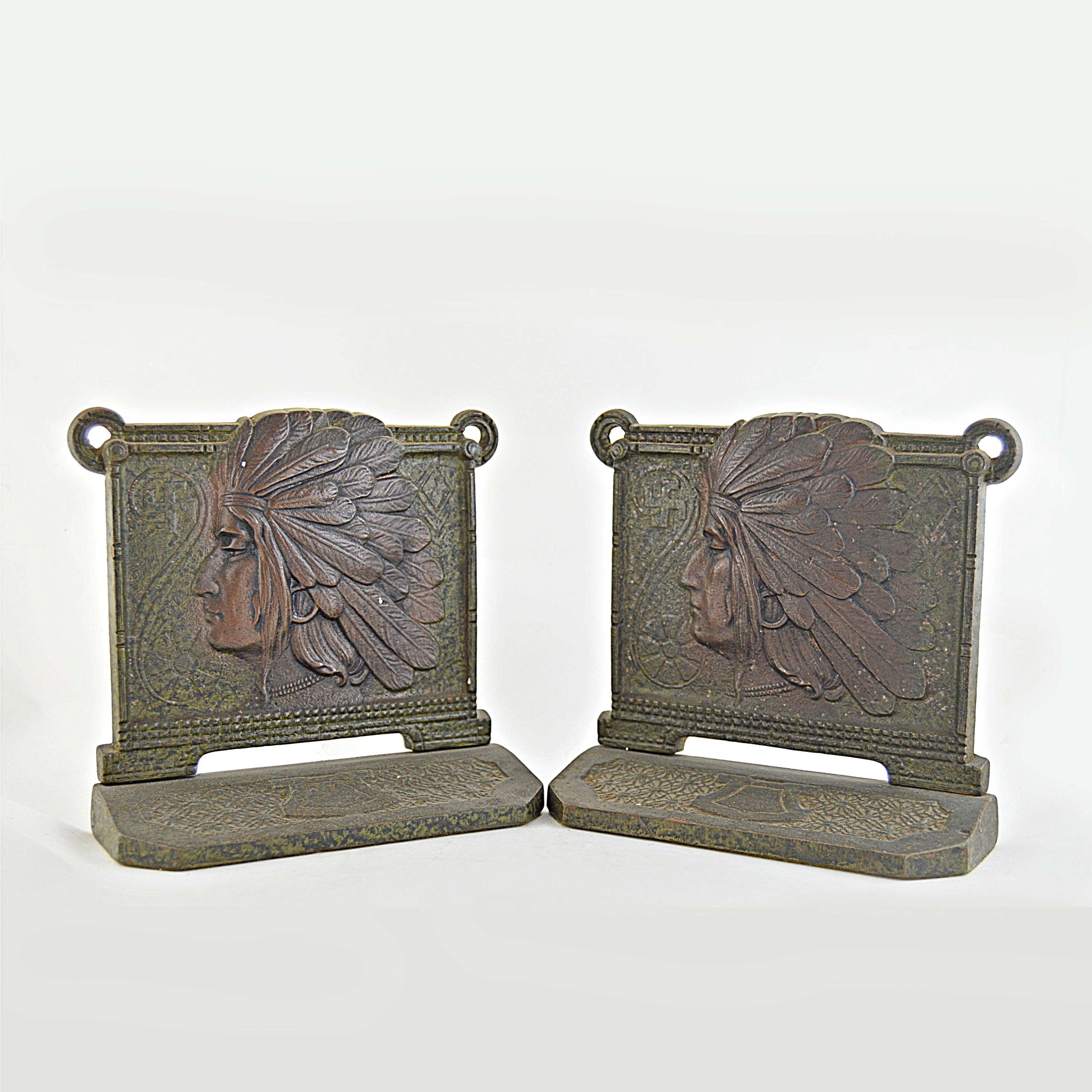 Vintage Metal Bookends with Native American Motifs