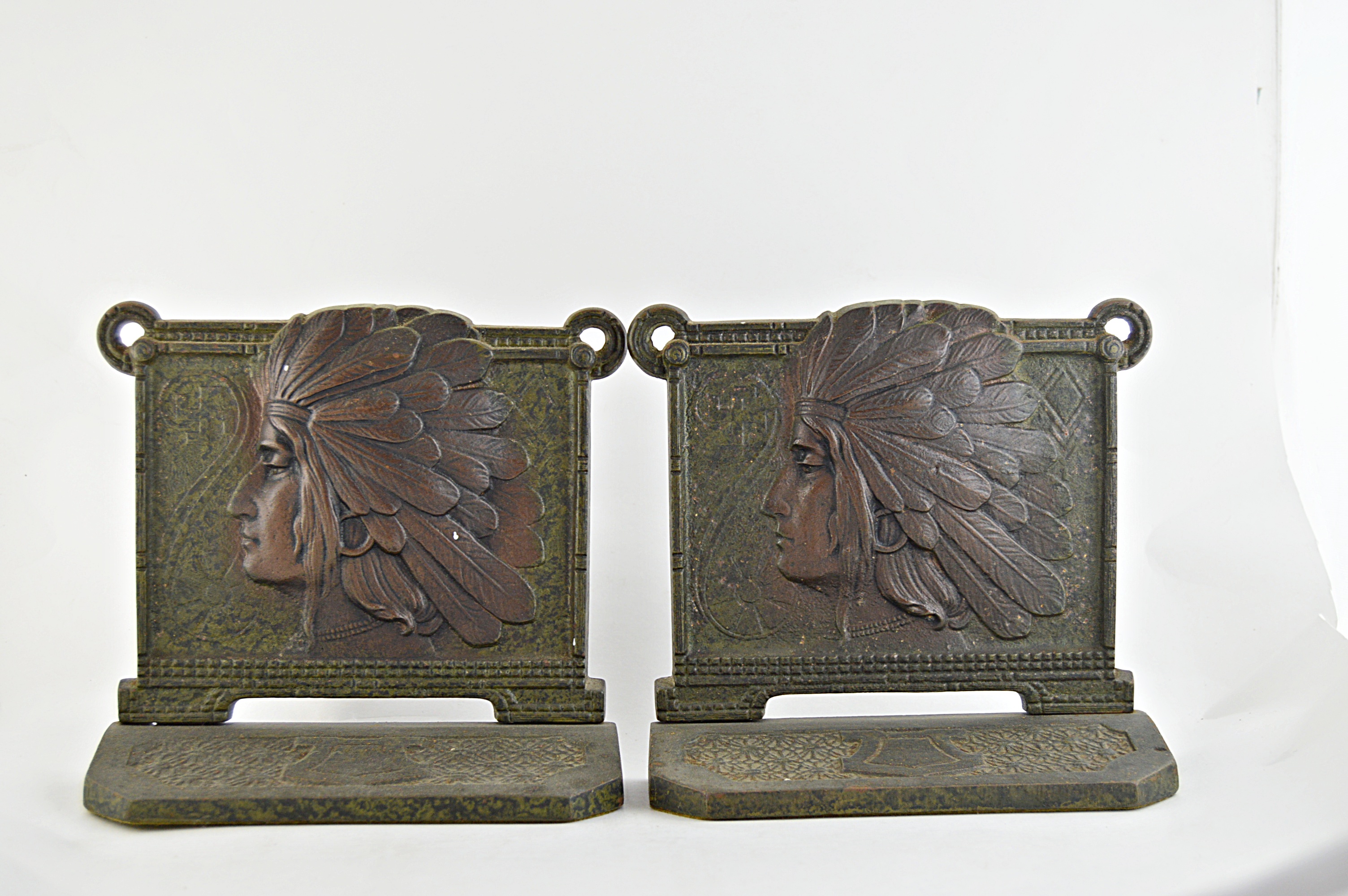 Vintage Metal Bookends with Native American Motifs