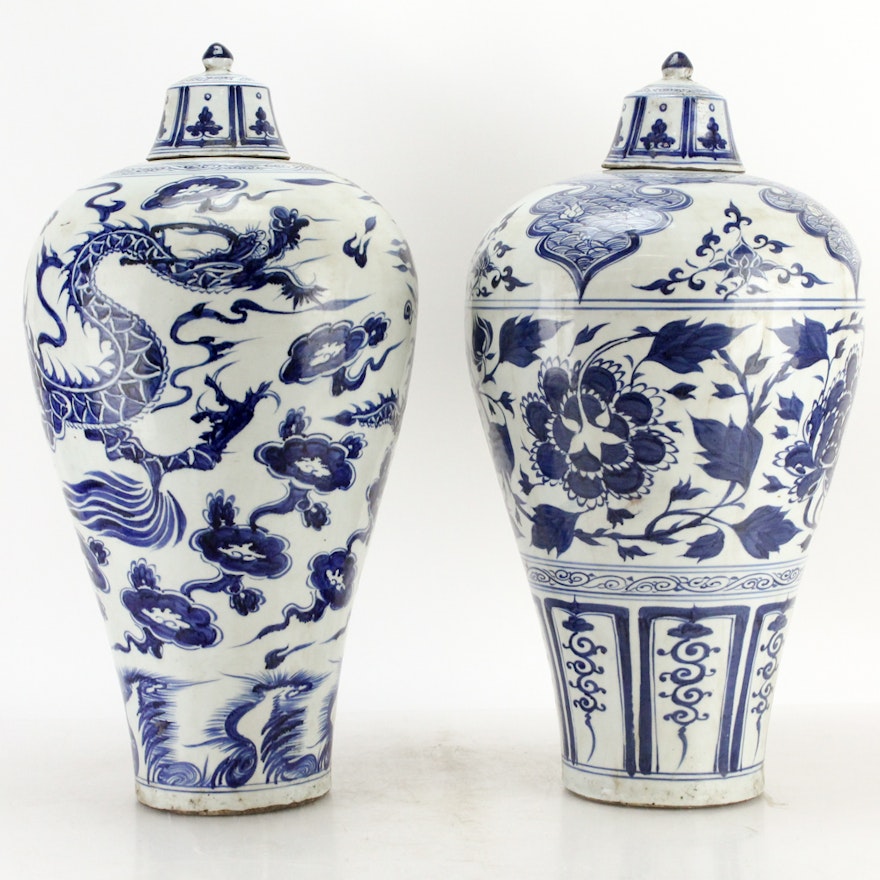 Chinese Blue and White Dragon Urns