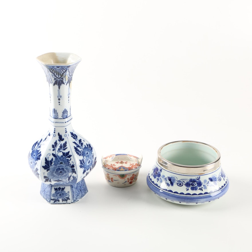 Delft Blue Vase with Other Porcelain Decor