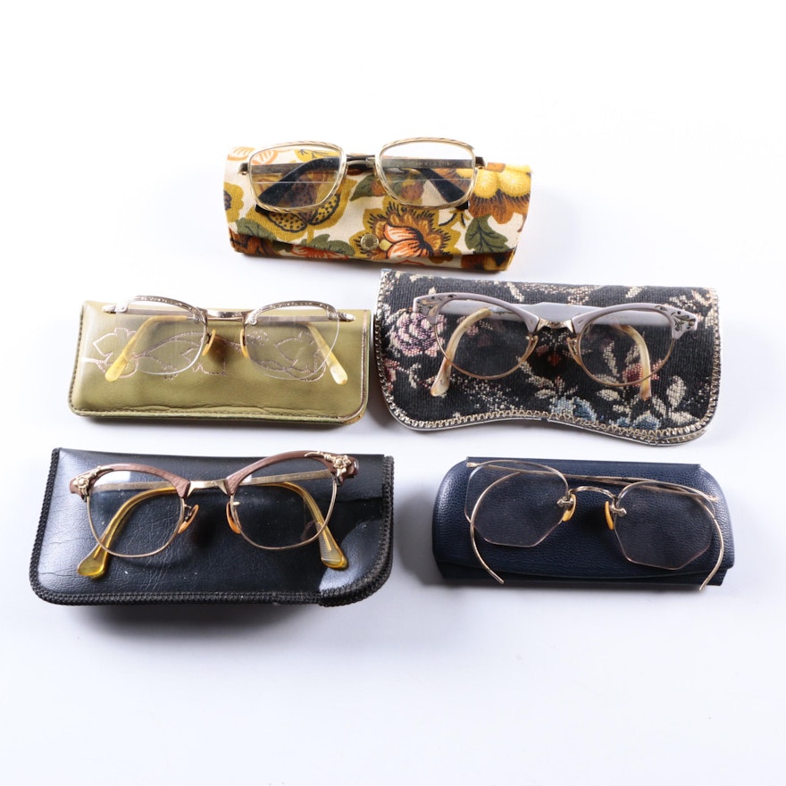 Women's and Men's Vintage Eyeglasses and Cases Including Gold Filled