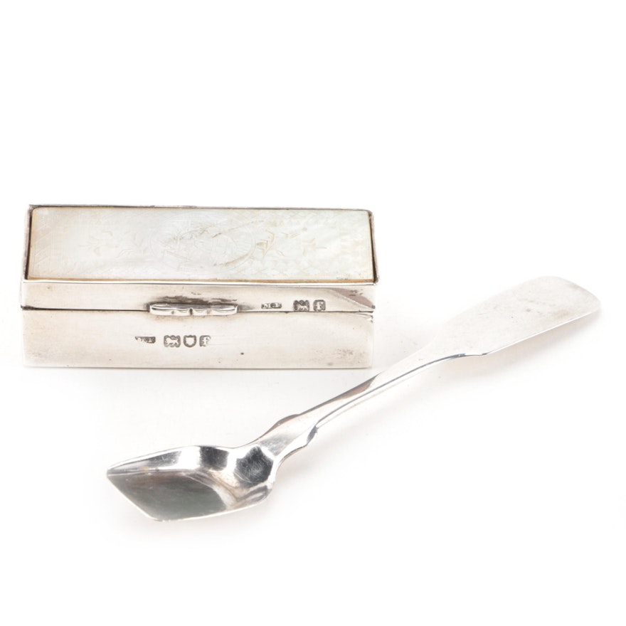 1901 Maurice Freeman Sterling Silver Trinket Box and Sterling Sugar Spoon