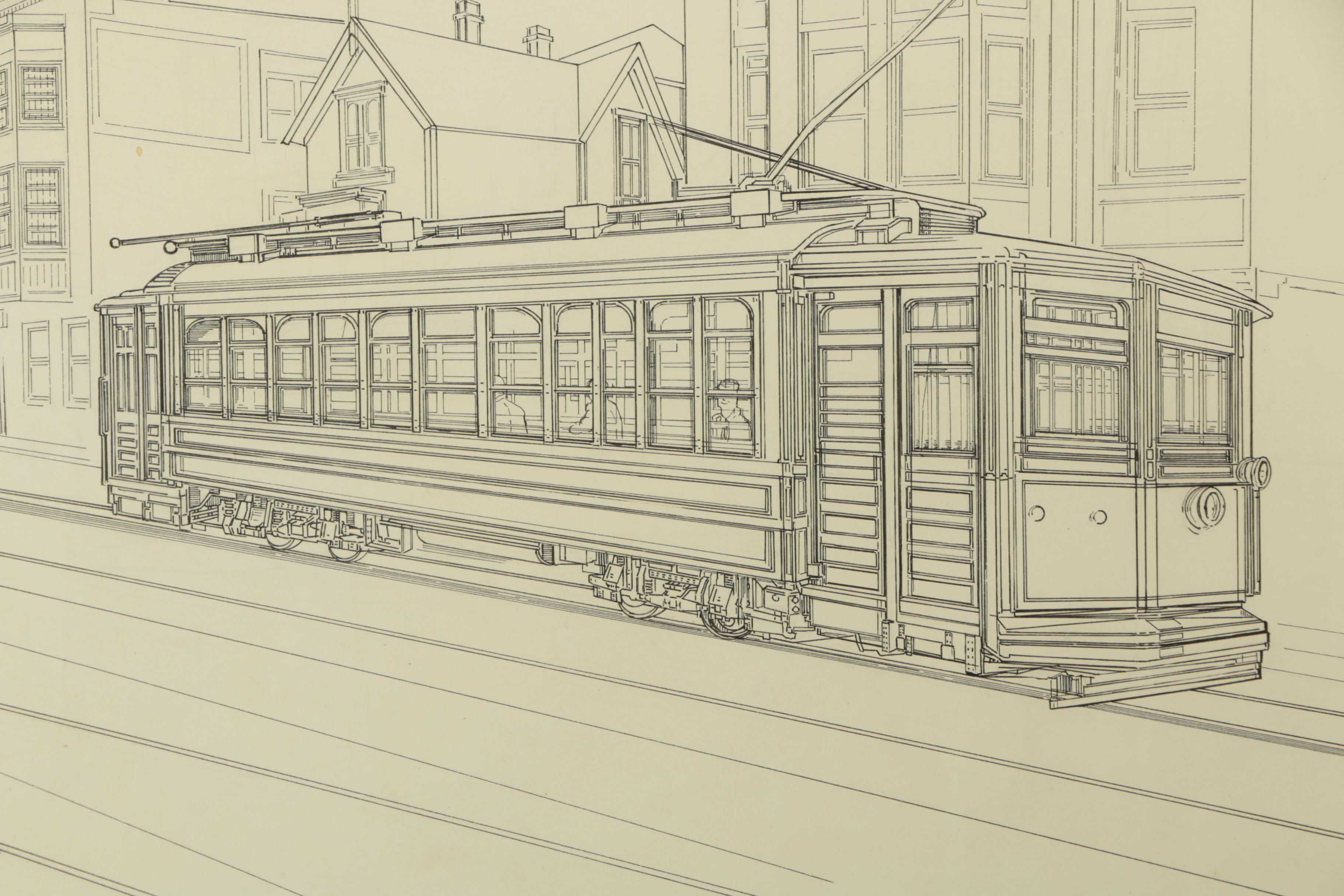 Reginald Jones Ink Drawing on Paper of Street Car