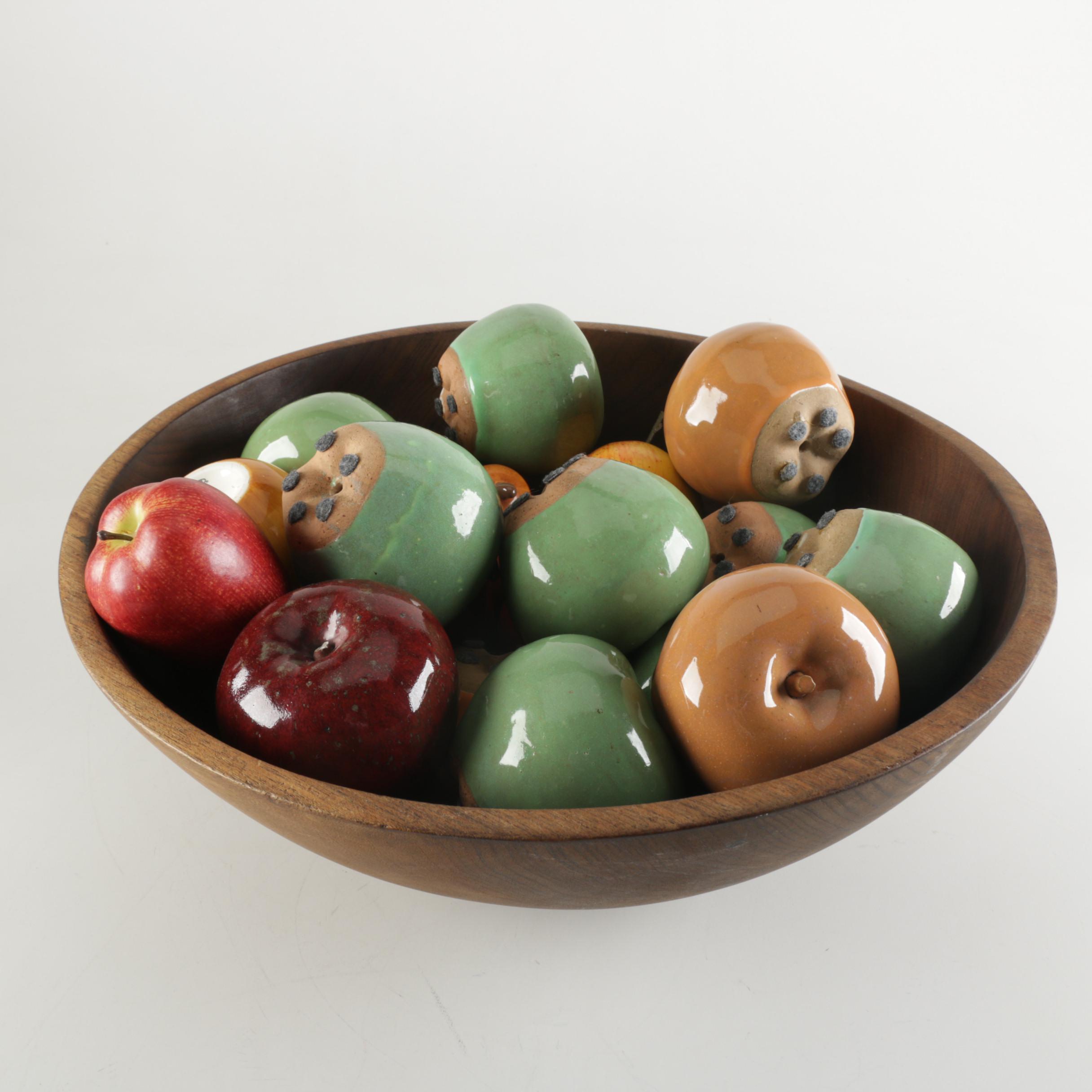 Wooden Bowl with Ceramic and Plastic Fruit