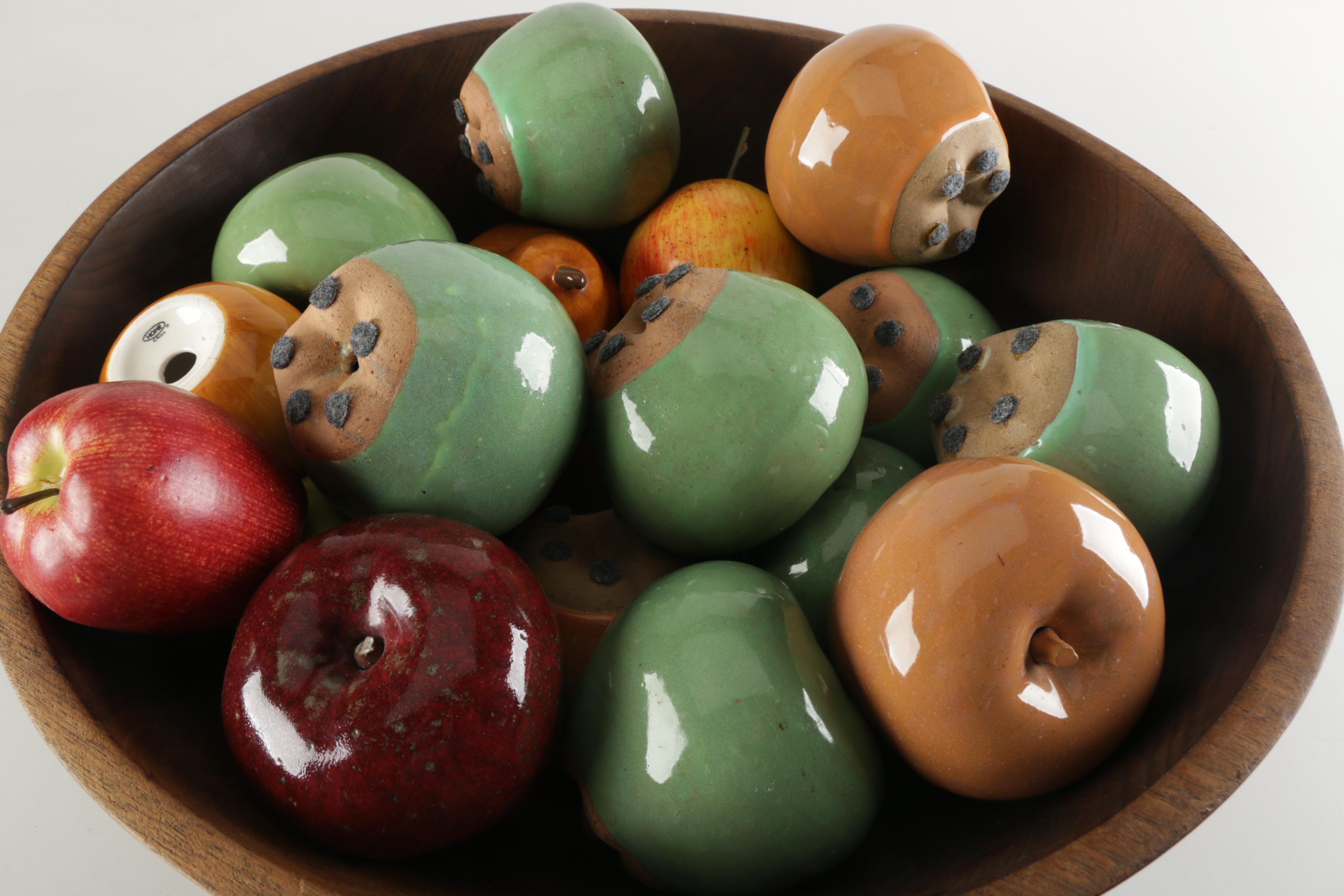 Wooden Bowl with Ceramic and Plastic Fruit