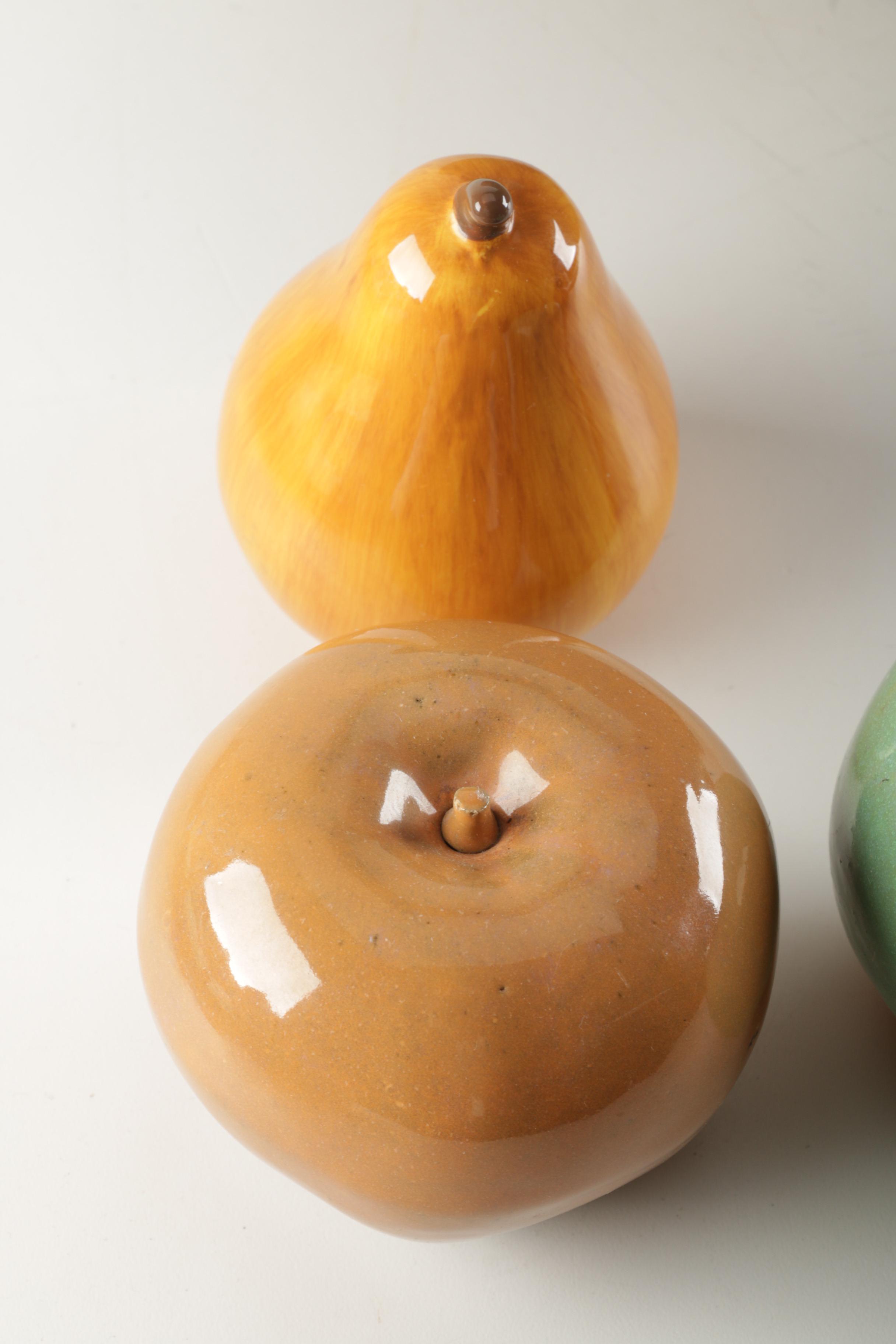 Wooden Bowl with Ceramic and Plastic Fruit
