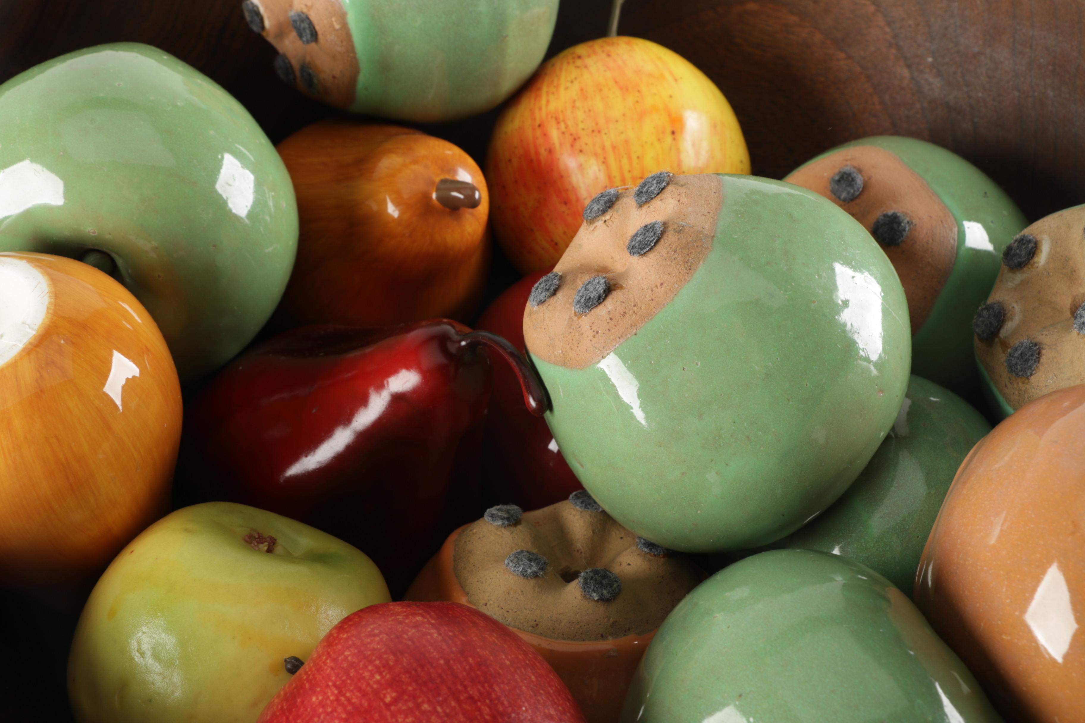 Wooden Bowl with Ceramic and Plastic Fruit