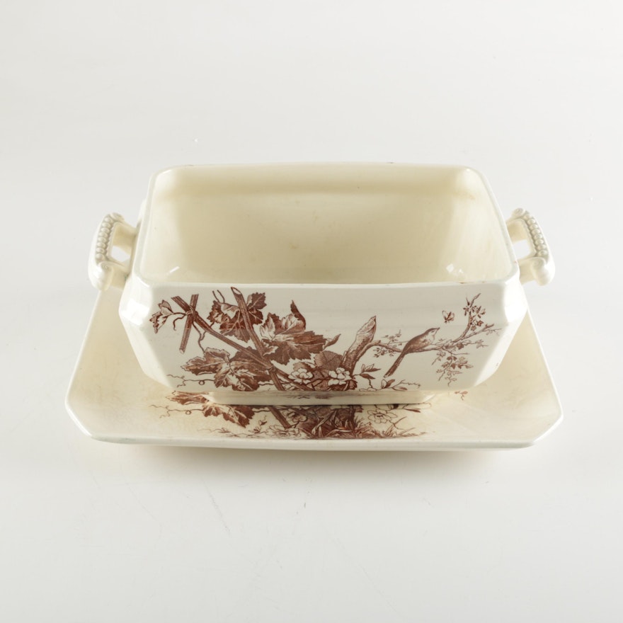 Antique English Brown Transferware Ceramic Dish and Plate