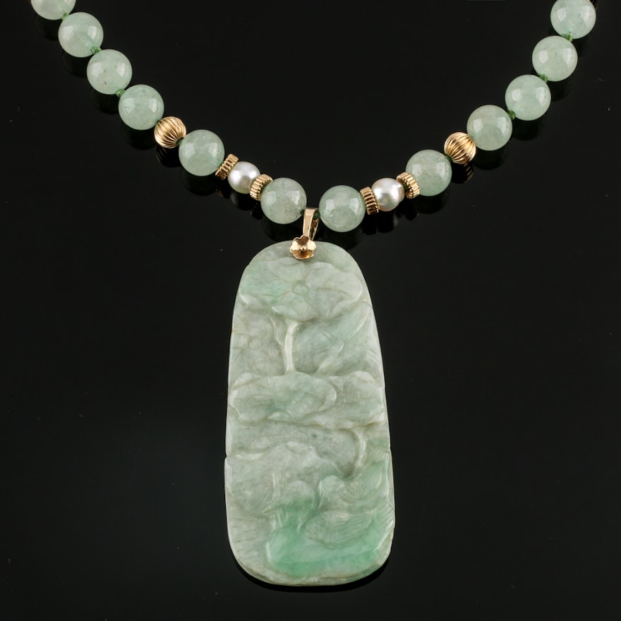 Jadeite, Aventurine and Cultured Pearl Necklace With 14K Yellow Gold Findings