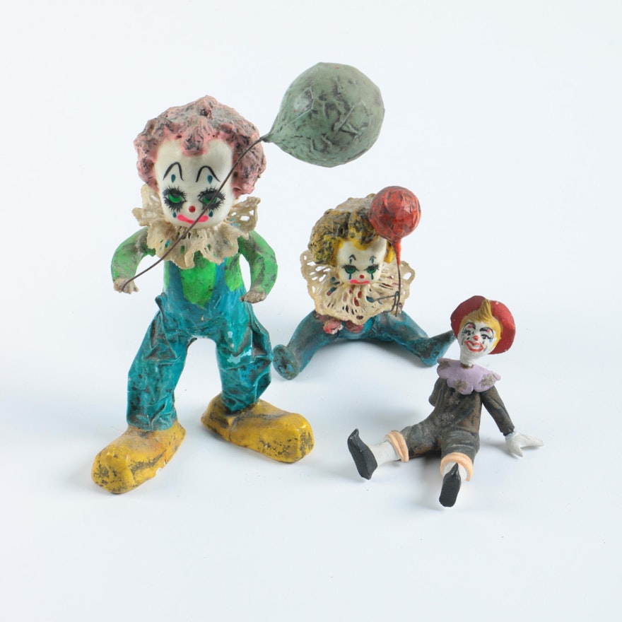 Paper Maché and Clay Clown Figurines