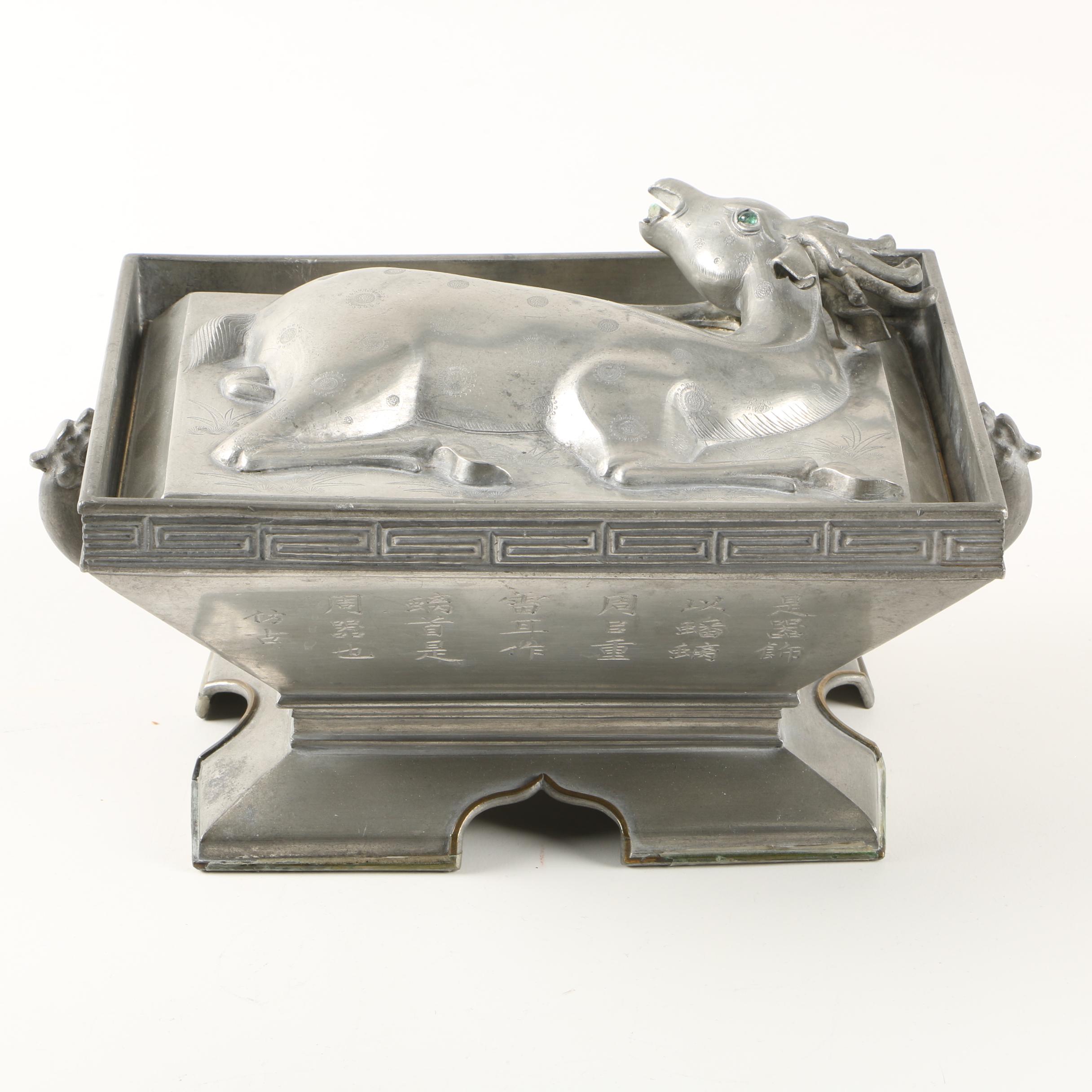 Pewter Chinese Style Container with Deer Shaped Lid