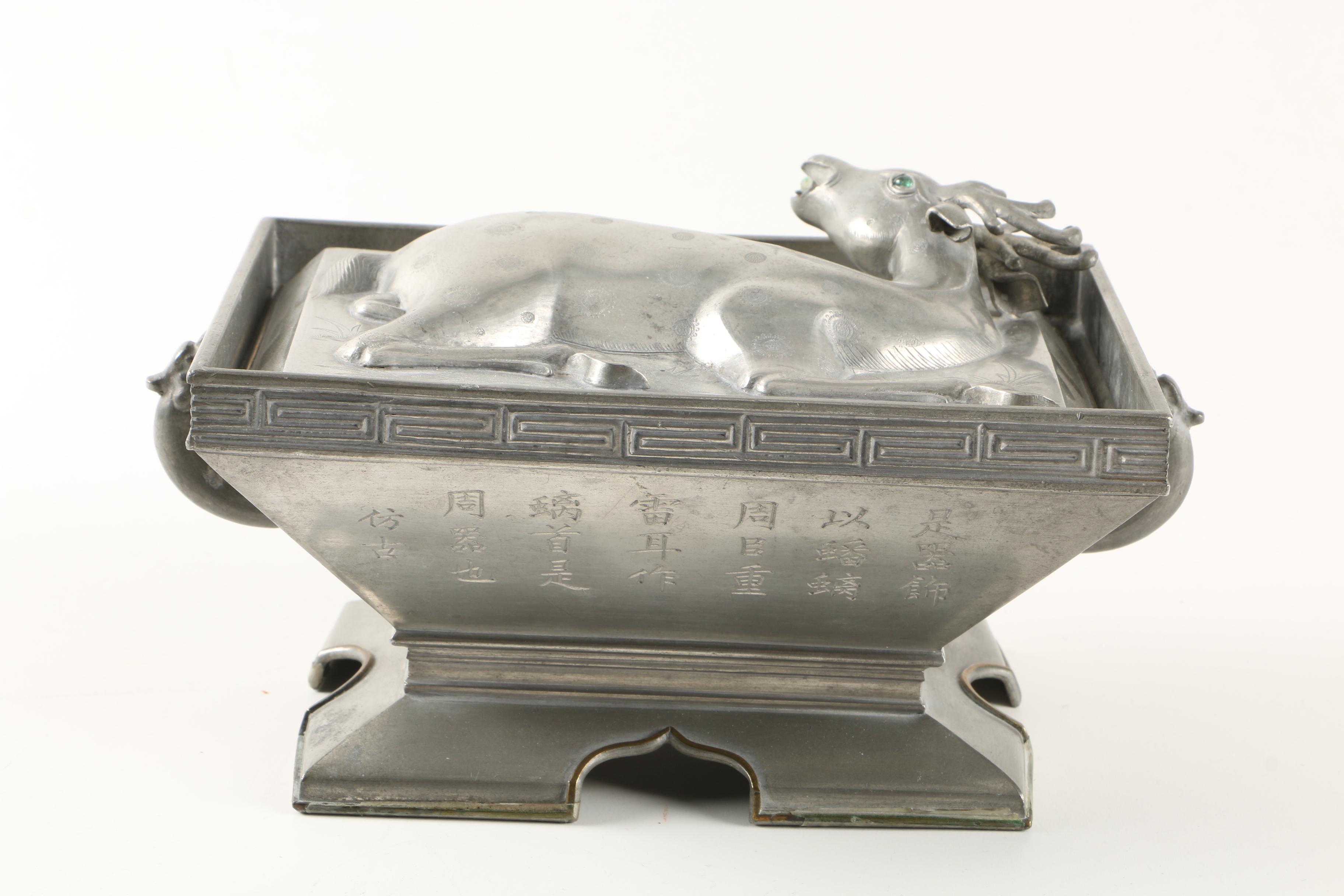 Pewter Chinese Style Container with Deer Shaped Lid
