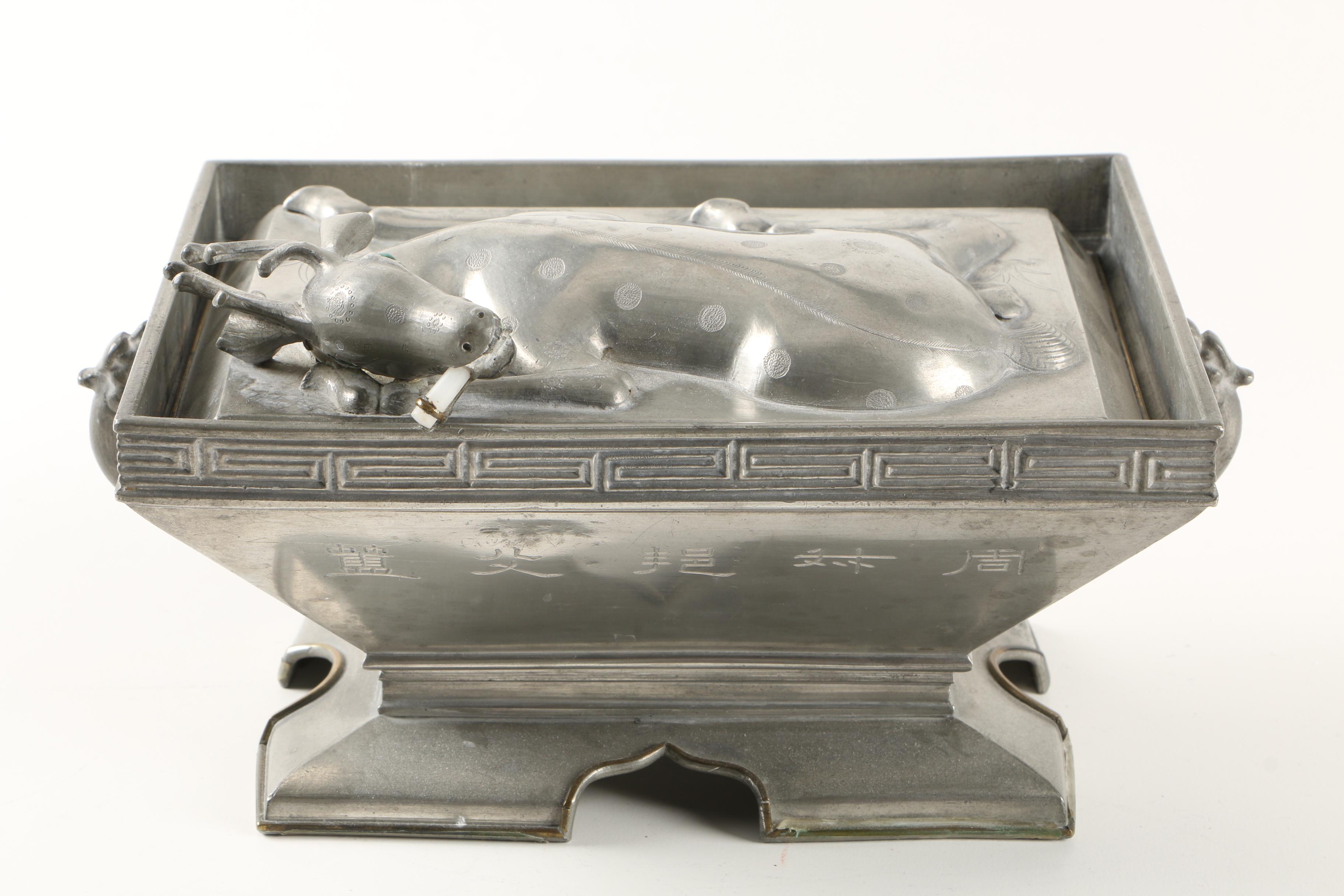 Pewter Chinese Style Container with Deer Shaped Lid