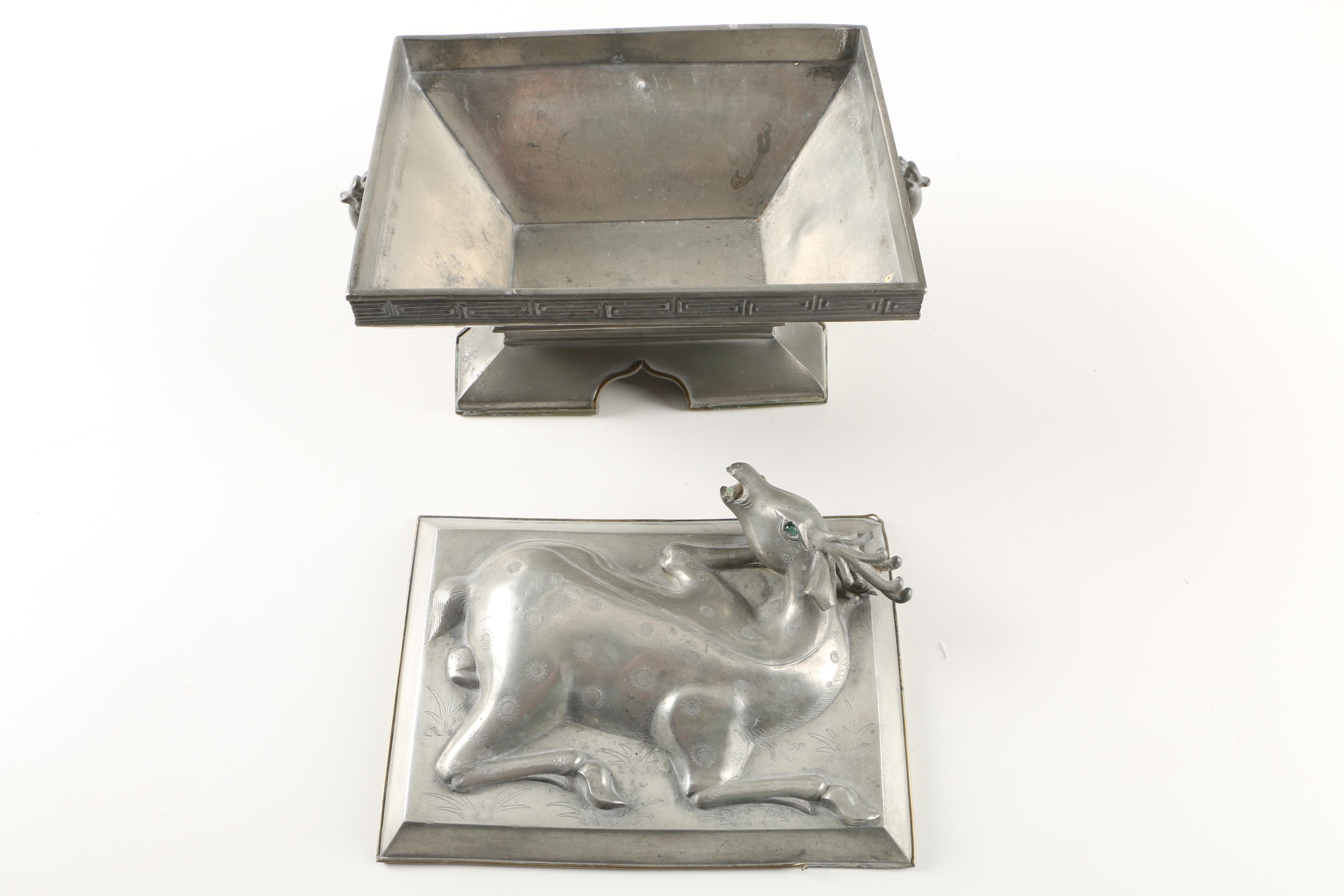 Pewter Chinese Style Container with Deer Shaped Lid