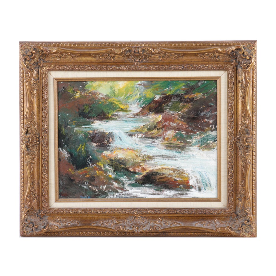 Yiannis 1987 Oil Painting on Canvas of Impressionist Inspired River Landscape